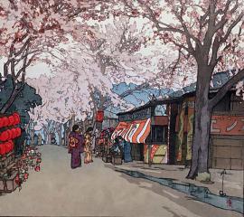 桜の道：吉田博-無料壁紙