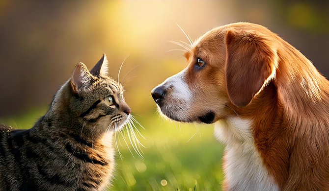 犬と猫が見つめ合う可愛い瞬間｜仲良しペット