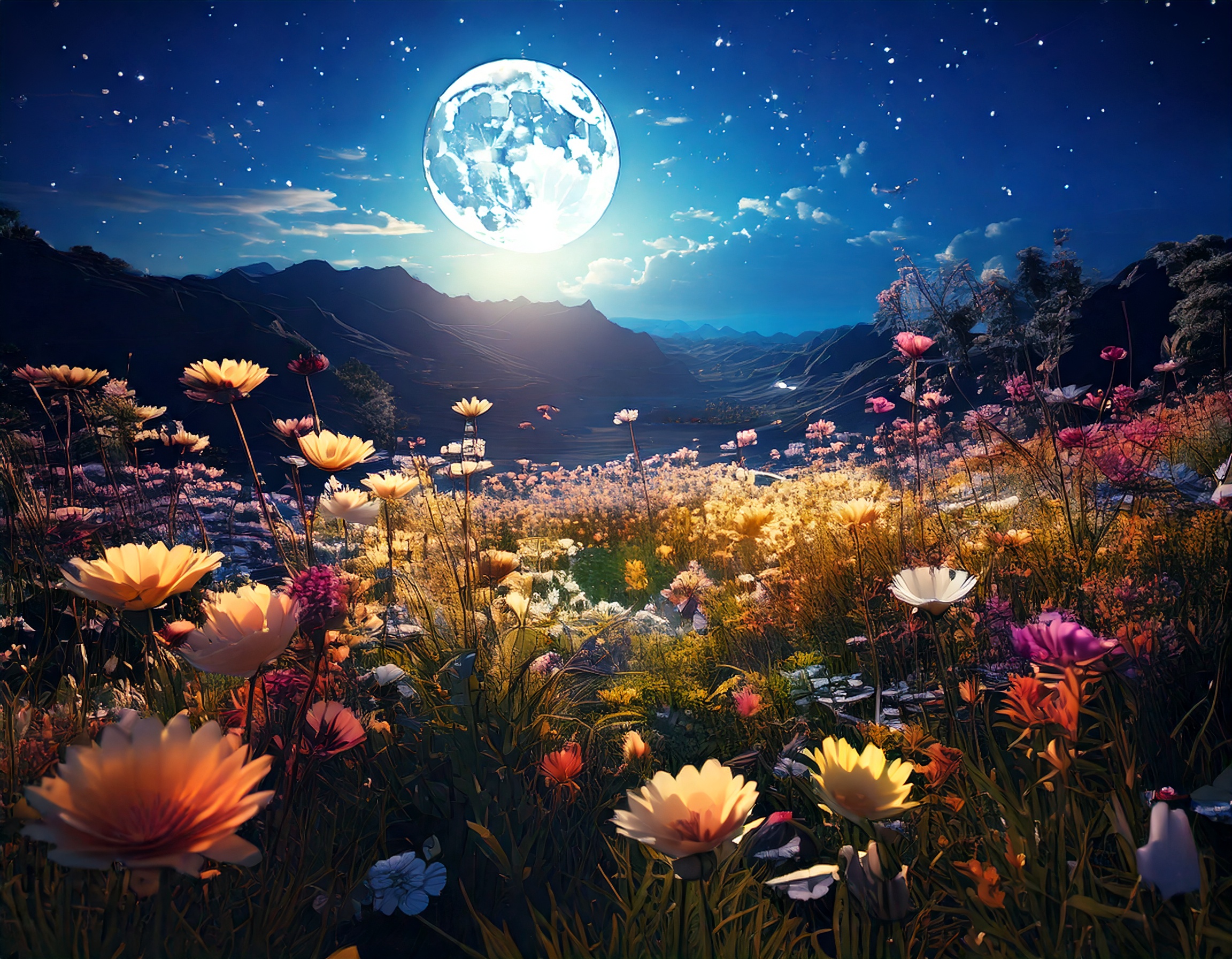 月が美しく輝き、咲き乱れた花が月明かりに照らされる