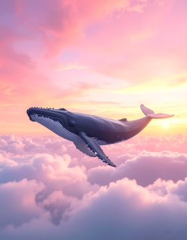 ピンク色の夕焼け雲の中を優雅に泳ぐクジラ03