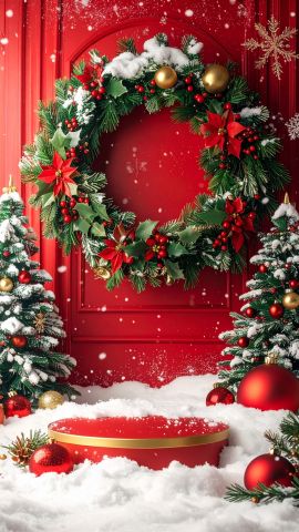 クリスマスツリーやリース、雪の舞う背景01