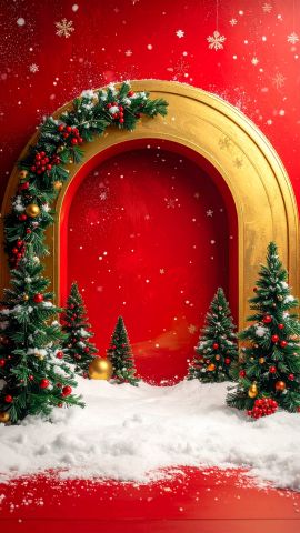 クリスマスツリーやリース、雪の舞う背景02