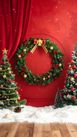クリスマスツリーやリース、雪の舞う背景03