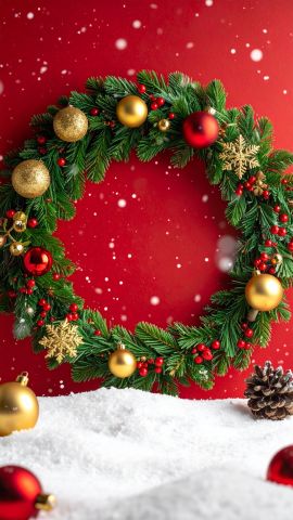 クリスマスツリーやリース、雪の舞う背景04