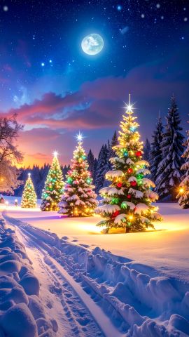 雪の降る夜に輝くクリスマスツリーとカラフルなイルミネーション01