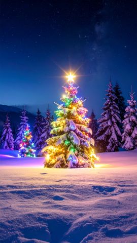 雪の降る夜に輝くクリスマスツリーとカラフルなイルミネーション03