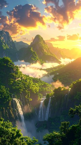 日の出の広大な山の谷01