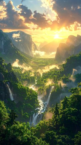 日の出の広大な山の谷04