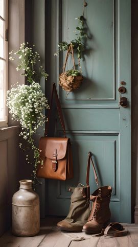 革製の小物や鞄、ドライフラワーやグリーンが並ぶおしゃれなインテリア空間