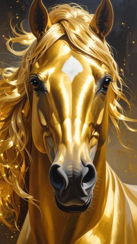 黄金色の光を浴びて左を向く美しい馬