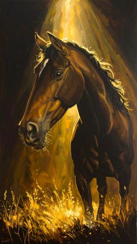 金色に輝く左向きの馬 水墨画風の静寂