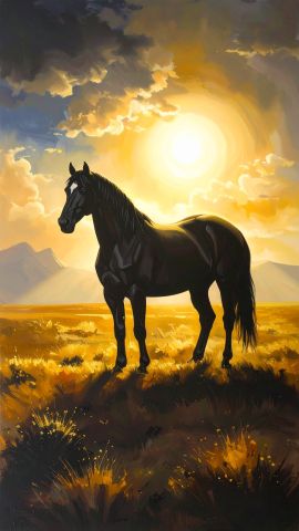 黄金の光を宿す左向きの馬 水墨幻想