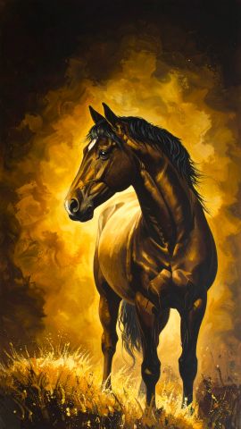 左を向いて佇む金色の馬 水墨画の美