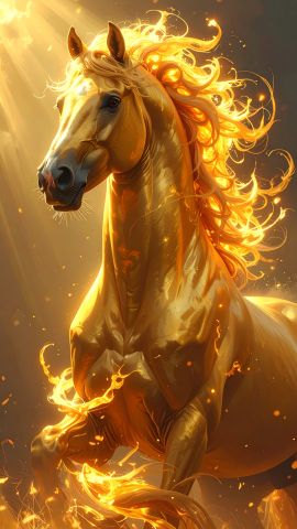 朝日に燃え躍動する金色の馬 クールな輝き