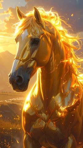朝日の炎に輝く金色の馬 ダイナミック