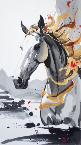 キラキラ輝く朝日の黄金馬 墨絵表現