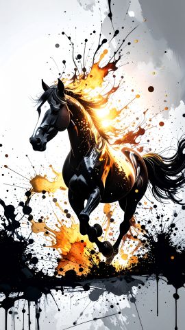 朝日に燃え躍る金色の馬 スパッタインク