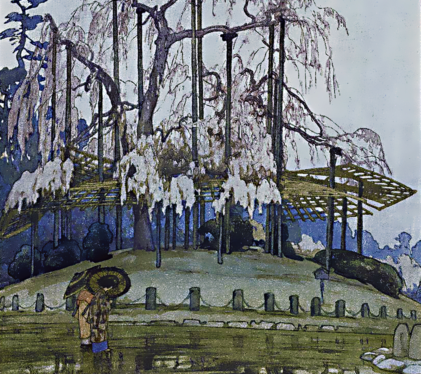 雨の中の夜桜：吉田博-無料壁紙